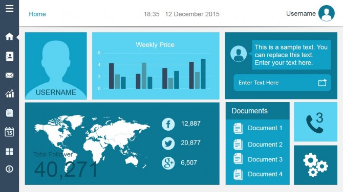 Data dashboard template for PowerPoint with components and menu