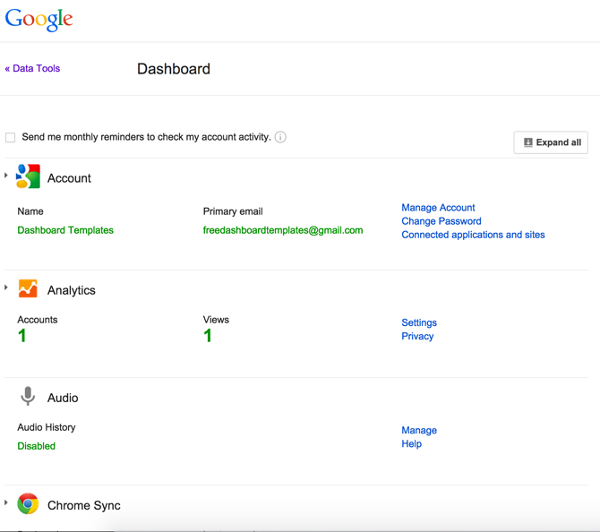 Dashboard of Google Account